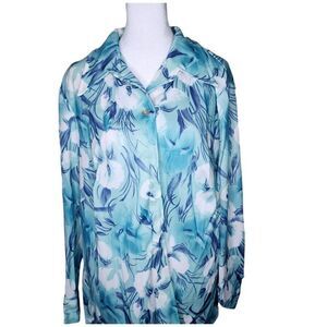 Vintage 70s Blouse Shirt Dagger Collar Womens Size 2XL Blue Floral Disco